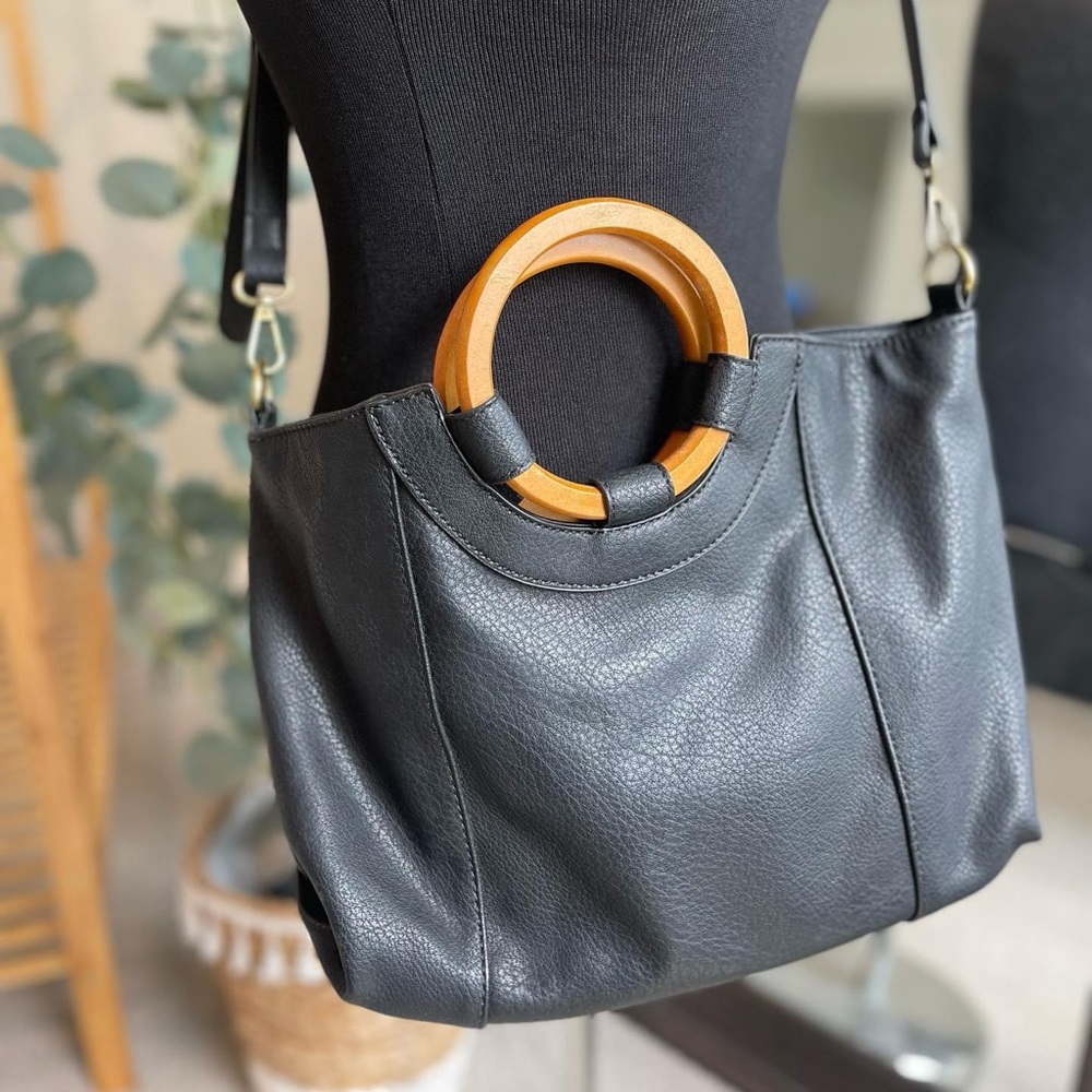 Anthropologie 'Amalia' Black Vegan Leather Wooden Handle